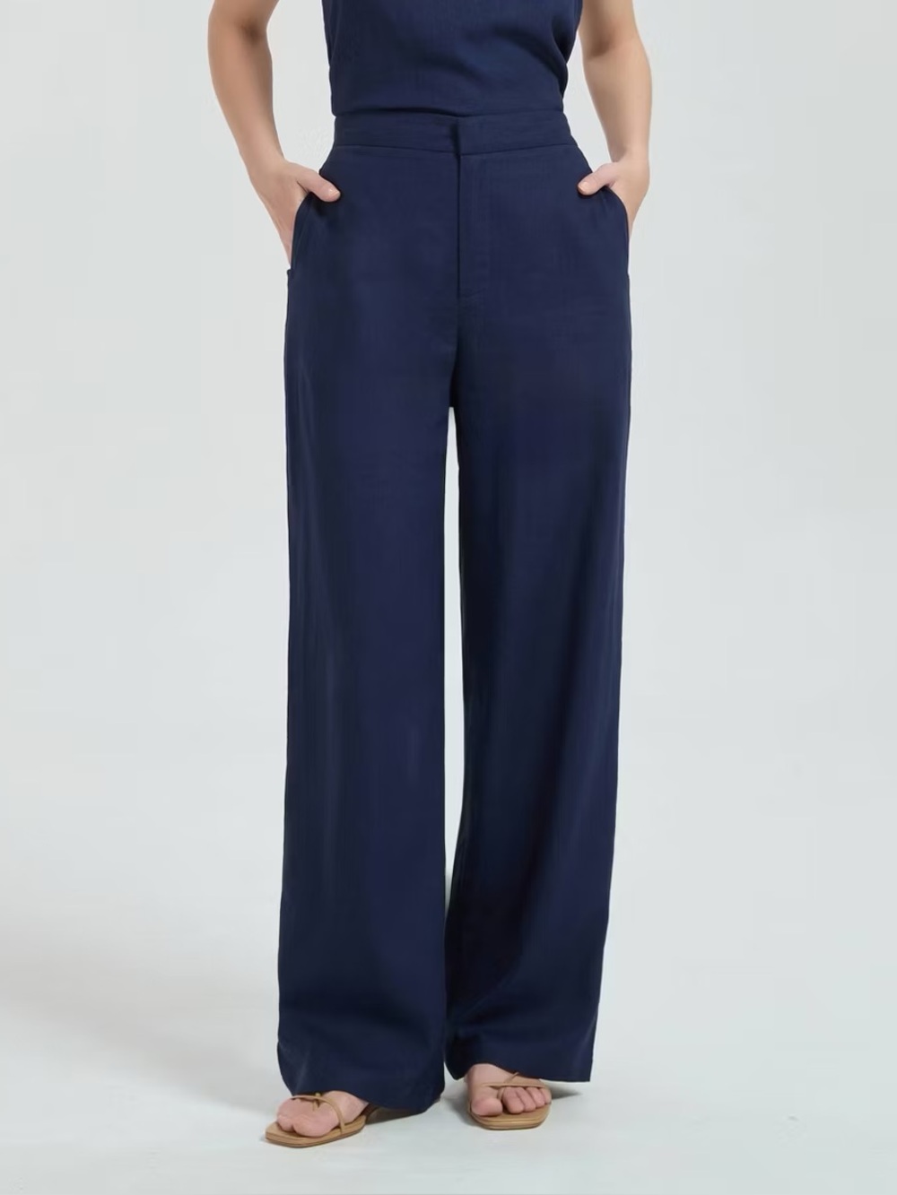 NWT High-Rise Linen Blend Trousers - Navy Blue